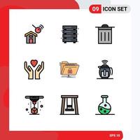 9 Thematic Vector Filledline Flat Colors and Editable Symbols of folder encryption web heart care Editable Vector Design Elements