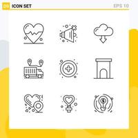 Mobile Interface Outline Set of 9 Pictograms of user interface down valentine transportation Editable Vector Design Elements