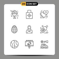 Mobile Interface Outline Set of 9 Pictograms of actress easter egg affection easter love hearts Editable Vector Design Elements