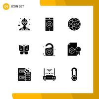 User Interface Pack of 9 Basic Solid Glyphs of love wings movie insect butterfly Editable Vector Design Elements