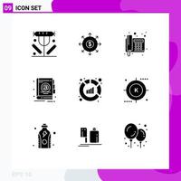 Mobile Interface Solid Glyph Set of 9 Pictograms of report office cash book telegram Editable Vector Design Elements