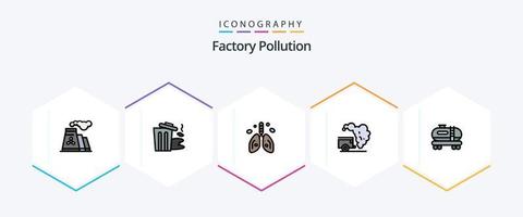 Contaminación de fábrica 25 paquete de iconos de línea de relleno que incluye aceite. basura. contaminación. ambiente. Organo vector