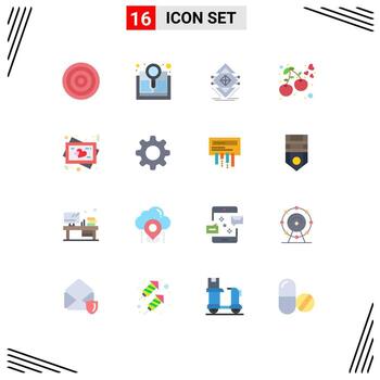 conjunto moderno de 16 colores planos pictograma de estructura de bayas de computación de cereza de marco paquete editable de elementos creativos de diseño de vectores