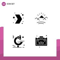 Mobile Interface Solid Glyph Set of 4 Pictograms of arrow microscope right sun briefcase Editable Vector Design Elements