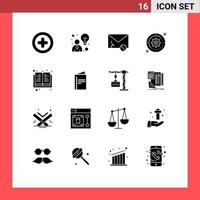 Set of 16 Vector Solid Glyphs on Grid for knowledge target message wheel gear Editable Vector Design Elements