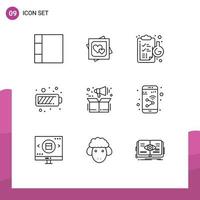 Pack of 9 Modern Outlines Signs and Symbols for Web Print Media such as product management chemical energy charging Editable Vector Design Elements