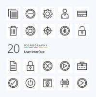 20 paquete de iconos de línea de interfaz de usuario como bolsa reproducir usuario de interfaz cercana vector