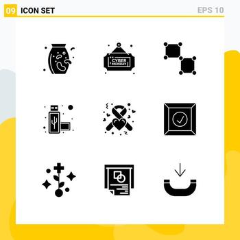 Editable Vector Line Pack of 9 Simple Solid Glyphs of ribbon health connection donation port Editable Vector Design Elements