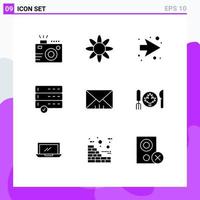 Mobile Interface Solid Glyph Set of 9 Pictograms of dinner message arrow interface data Editable Vector Design Elements