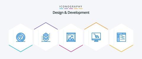 diseño y desarrollo de 25 paquetes de iconos azules que incluyen el inicio. producto. programación. desarrollo. imagen vector