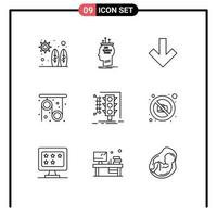 Mobile Interface Outline Set of 9 Pictograms of management science thinking research physics Editable Vector Design Elements