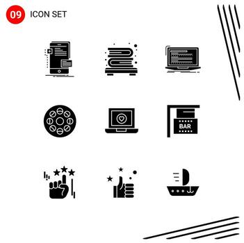 Set of 9 Vector Solid Glyphs on Grid for computer roll code movie script Editable Vector Design Elements