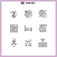 Modern Set of 9 Outlines Pictograph of bed web security earth day shield internet Editable Vector Design Elements