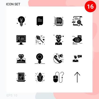 16 Universal Solid Glyphs Set for Web and Mobile Applications internet report financial search content Editable Vector Design Elements