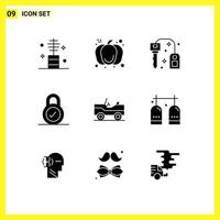 9 User Interface Solid Glyph Pack of modern Signs and Symbols of vehicle security day padlock success Editable Vector Design Elements