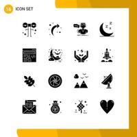 Pack of 16 Modern Solid Glyphs Signs and Symbols for Web Print Media such as design nature faq night help Editable Vector Design Elements