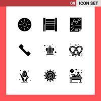 Pack of 9 Modern Solid Glyphs Signs and Symbols for Web Print Media such as king corona data mobile telephone Editable Vector Design Elements