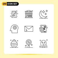 Universal Icon Symbols Group of 9 Modern Outlines of security infected crescent alert head Editable Vector Design Elements