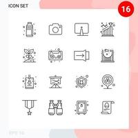 Group of 16 Outlines Signs and Symbols for goal achieve picture monitor desktop Editable Vector Design Elements