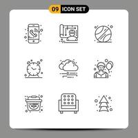 9 Universal Outline Signs Symbols of cloud wind school weather time Editable Vector Design Elements