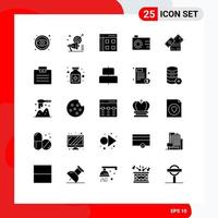 Pack of 25 Modern Solid Glyphs Signs and Symbols for Web Print Media such as credit card digital audiance camera user Editable Vector Design Elements