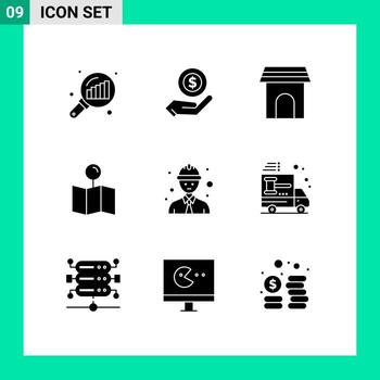 grupo universal de símbolos de icono de 9 glifos sólidos modernos de línea trabajador puntero apartamento mapa hogar elementos de diseño vectorial editables vector