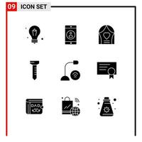 Mobile Interface Solid Glyph Set of 9 Pictograms of microphone gadget celebration devices spike Editable Vector Design Elements