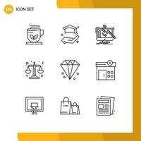 Mobile Interface Outline Set of 9 Pictograms of finance business project scales justice Editable Vector Design Elements