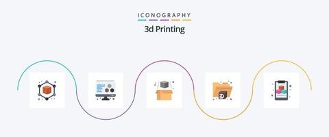 Paquete de 5 iconos planos de impresión 3d que incluye. cubo. modelo. 3d. carpeta vector