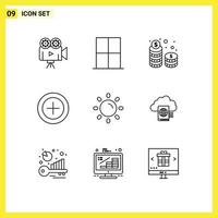 Mobile Interface Outline Set of 9 Pictograms of brightness money wardrobe finance cash Editable Vector Design Elements