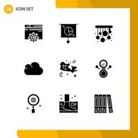 Group of 9 Solid Glyphs Signs and Symbols for treasure map trade storage cloud Editable Vector Design Elements