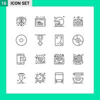 Set of 16 Commercial Outlines pack for multimedia connectivity web camera rugby Editable Vector Design Elements