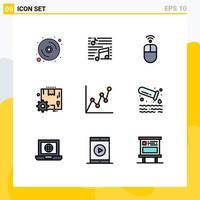 Pack of 9 Modern Filledline Flat Colors Signs and Symbols for Web Print Media such as atm gear sound configuration wireless Editable Vector Design Elements