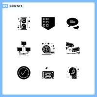 Mobile Interface Solid Glyph Set of 9 Pictograms of tape computer chatting network distributed Editable Vector Design Elements