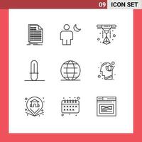 Universal Icon Symbols Group of 9 Modern Outlines of security globe moon weapon light saber Editable Vector Design Elements