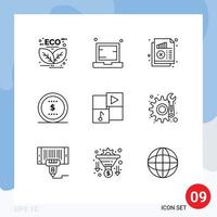 Set of 9 Vector Outlines on Grid for dollar business laptop statistics chart Editable Vector Design Elements