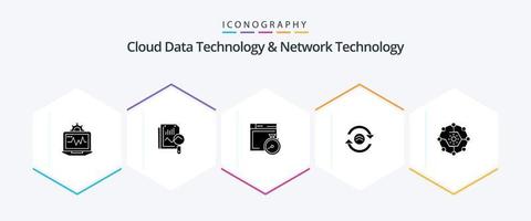 paquete de iconos de 25 glifos de tecnología de datos en la nube y tecnología de red que incluye recursos informáticos compartidos. informática. archivo . recargar. flecha vector