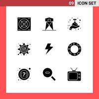 Set of 9 Vector Solid Glyphs on Grid for power gear care check accept Editable Vector Design Elements