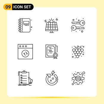 Mobile Interface Outline Set of 9 Pictograms of stamp document cryptography certificate mac Editable Vector Design Elements