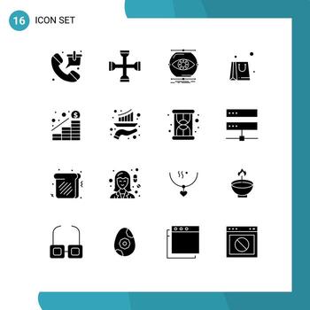 16 Universal Solid Glyphs Set for Web and Mobile Applications shopping bag tool vision monitoring Editable Vector Design Elements