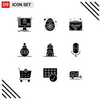 Editable Vector Line Pack of 9 Simple Solid Glyphs of building holiday bag globe christmas Editable Vector Design Elements