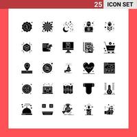 Group of 25 Solid Glyphs Signs and Symbols for flower spy moon hacker fireworks Editable Vector Design Elements