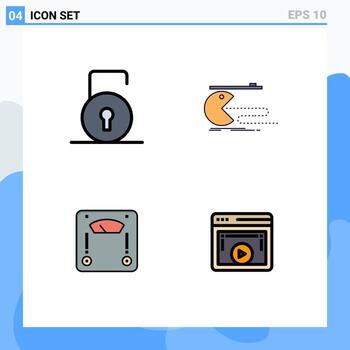 Pictogram Set of 4 Simple Filledline Flat Colors of key machine security game weighing Editable Vector Design Elements