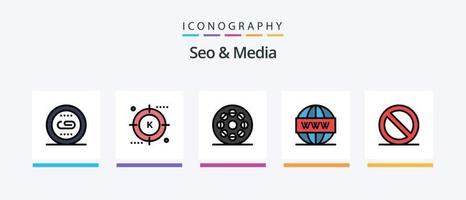 Seo and Media Line Filled 5 Icon Pack Including media. cloud. media page. search. optimization. Creative Icons Design vector