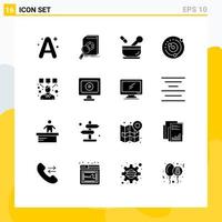 Universal Icon Symbols Group of 16 Modern Solid Glyphs of sphere planets orbiting research planetary system soup Editable Vector Design Elements