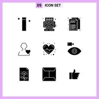 Modern Set of 9 Solid Glyphs and symbols such as cam science web heart heart Editable Vector Design Elements