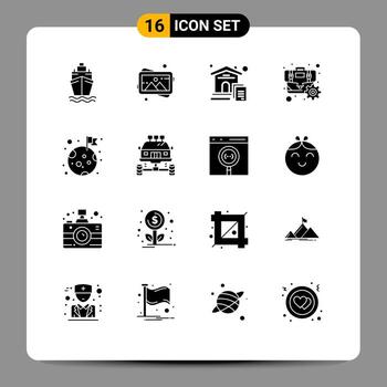 paquete de interfaz de usuario de 16 glifos sólidos básicos de elementos de diseño vectorial editables cog de optimización de casa de bandera espacial vector