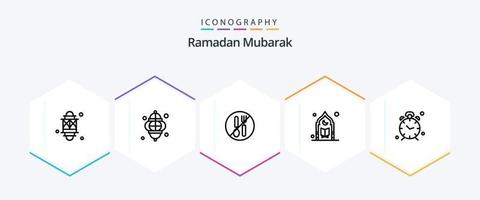 Ramadan 25 Line icon pack including clock. alarm. spoon. moon. mosque vector