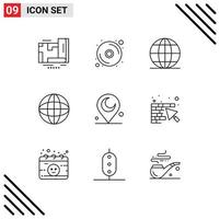 Pack of 9 Modern Outlines Signs and Symbols for Web Print Media such as religious minaret global education globe Editable Vector Design Elements