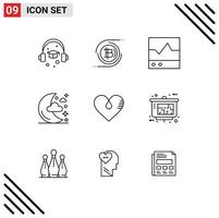 conjunto de 9 iconos de interfaz de usuario modernos signos de símbolos para dispositivos de noche de corazón elementos de diseño de vector editables de alcance lunar